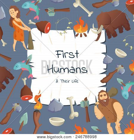 Banner And Poster Vector Cartoon Cavemen Background With Place For Text Illustration
