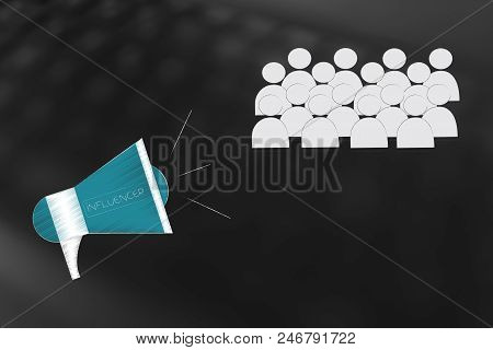 Social Media Brand Ambassadors Conceptual Illustration: Megaphone Diffusing Messages To An Audience