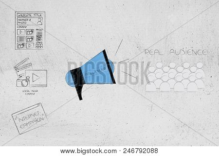 Social Media Brand Ambassadors Conceptual Illustration: Digital Content Next To Influencer Megaphone