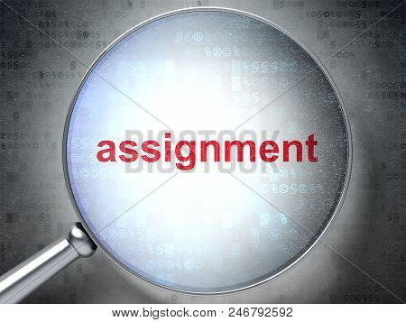 Law Concept: Magnifying Optical Glass With Words Assignment On Digital Background, 3d Rendering