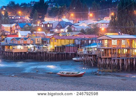 Traditional Stilt Houses Know As Palafitos In The City Of Castro At Chiloe Island In Southern Chile