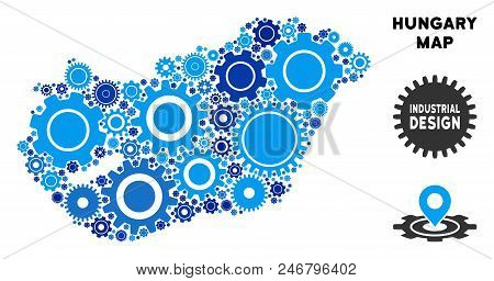 Repair Service Hungary Map Mosaic Of Cogs. Abstract Territorial Plan In Blue Color Hues. Vector Hung