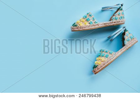 Summer Fashion Flatlay With Gradient Espadrille Sandals. Perfect Beach Set For Holidays On The Sea. 
