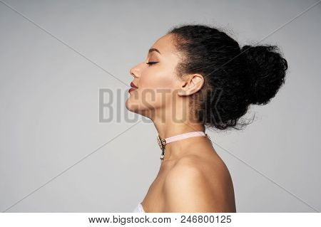 Beauty Closeup Profile Portrait Of Beautiful Mixed Race Caucasian - African American Woman Wearing C