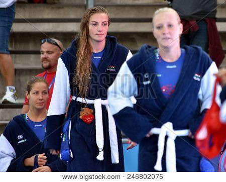 Budapest, Hungary - Jul 16, 2017. ANTAL DORA (front), GURISATTI Greta (center) and SZUCS Gabriella (back), hungarian waterpolo players. FINA Waterpolo World Championship was held in Alfred Hajos Swimming Centre.