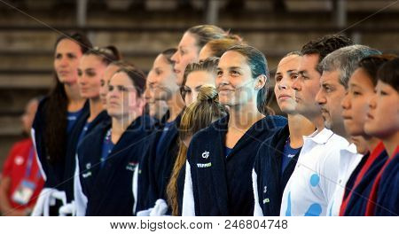 Budapest, Hungary - Jul 16, 2017. Hungarian women waterpolo team listen the national anthem, GANGL Edina in focus. FINA Waterpolo World Championship was held in Alfred Hajos Swimming Centre.