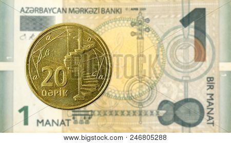 20 Azerbaijani Qepik Coin Against 1 Azerbaijani Manat Bank Note