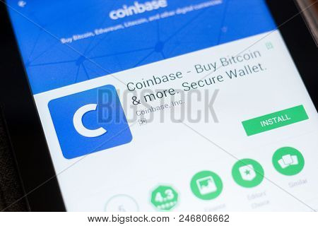 Ryazan, Russia - June 24, 2018: Coinbase - Buy Bitcoin And More, Secure Wallet Mobile App On The Dis