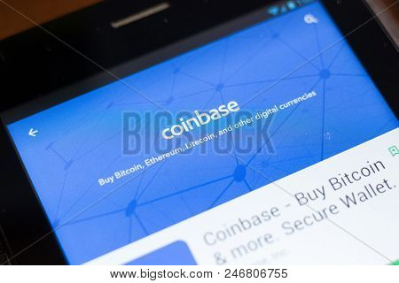Ryazan, Russia - June 24, 2018: Coinbase - Buy Bitcoin And More, Secure Wallet Mobile App On The Dis