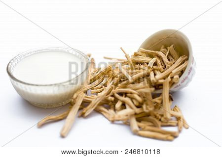 Close Up Of Ayurvedic Herb  Satavari Or Kurilo Or Asparagus Racemosus Isolated On White In A Glass B