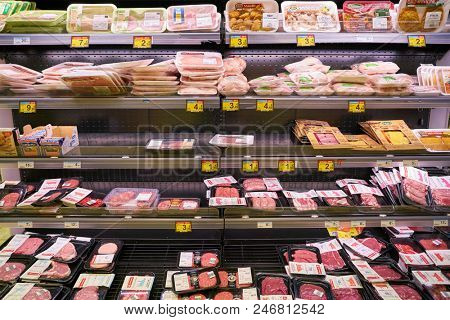 MILAN, ITALY - CIRCA NOVEMBER, 2017: food products for sale in Carrefour Express store in Milan.