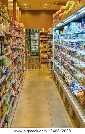 MILAN, ITALY - CIRCA NOVEMBER, 2017: interior shot of Carrefour Express store in Milan.