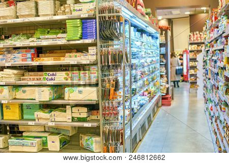 MILAN, ITALY - CIRCA NOVEMBER, 2017: interior shot of Carrefour Express store in Milan.