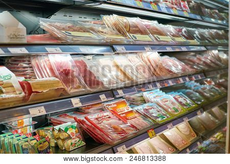 MILAN, ITALY - CIRCA NOVEMBER, 2017: assortment of food on display for sale at Carrefour Express in Milan.