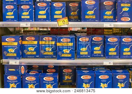 MILAN, ITALY - CIRCA NOVEMBER, 2017: assortment of pasta on display for sale at Carrefour Express in Milan.