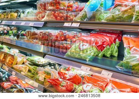 MILAN, ITALY - CIRCA NOVEMBER, 2017: assortment of food on display for sale at Carrefour Express in Milan.