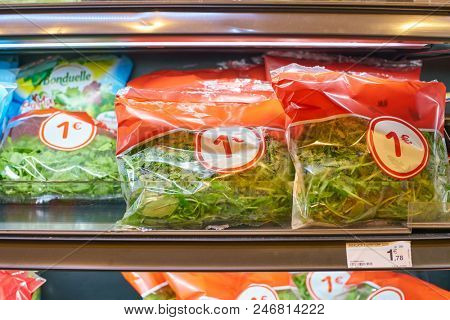 MILAN, ITALY - CIRCA NOVEMBER, 2017: assortment of food on display for sale at Carrefour Express in Milan.