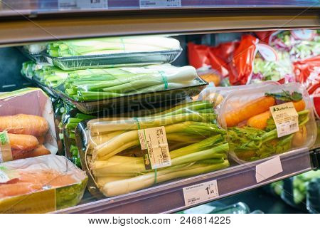 MILAN, ITALY - CIRCA NOVEMBER, 2017: assortment of food on display for sale at Carrefour Express in Milan.