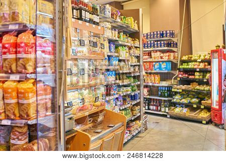 MILAN, ITALY - CIRCA NOVEMBER, 2017: food products for sale in Carrefour Express store in Milan.