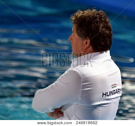 Budapest, Hungary - Jul 16, 2017. Biro Attila, Head Coach Of Hungary Women Waterpolo Team. Fina Wate