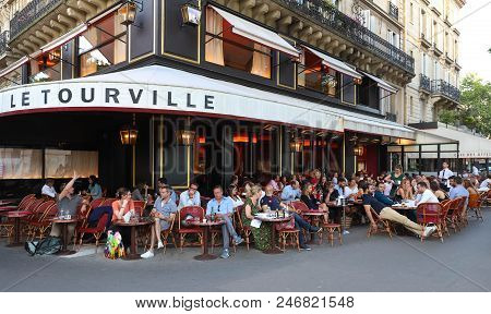 Paris, France - June 23, 2018: Cafe Tourville Is Typical French Cafe Located Near The Eiffel Tower I