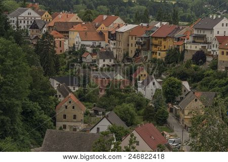 Ustek Town With Old Houses In Dark Summer Day In North Bohemia Region
