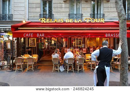 Paris, France - June 23, 2018: Cafe Relais De La Tour Is Typical French Cafe Located Near The Eiffel