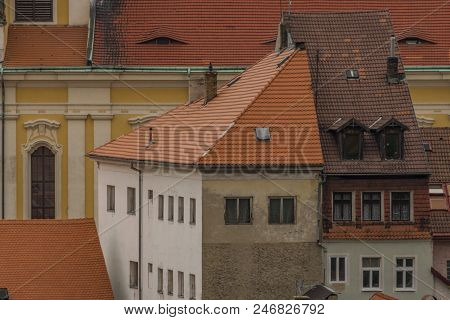 Ustek Town With Old Houses In Dark Summer Day In North Bohemia Region