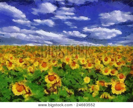 Vettore campo di girasole sotto un cielo blu dipinto di sfondo