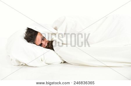 Guy With Beard Hides Face Under Blanket. Lazy And Laziness Concept. Man Wants To Stay In Bed, White 