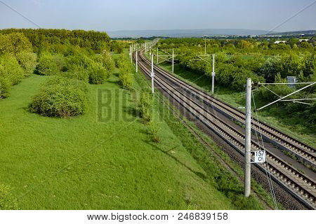 Rails In Rural Green Landscape For German High Speed Train Intercity Express (ice)