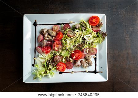 Chicken Hearts, Vegetable Salad. Healthy Food Top View