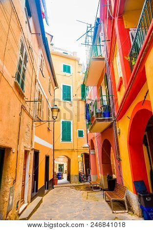 Colorful Buildings In Monterosso In Cinque Terre, Italy On Sunny Day.