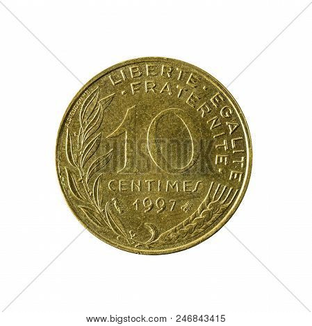 10 French Centimes Coin (1997) Obverse Isolated On White Background