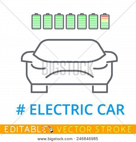 Thin Line Electric Car Icon On White Background. Editable Stroke Sketch Icon. Stock Vector Illustrat
