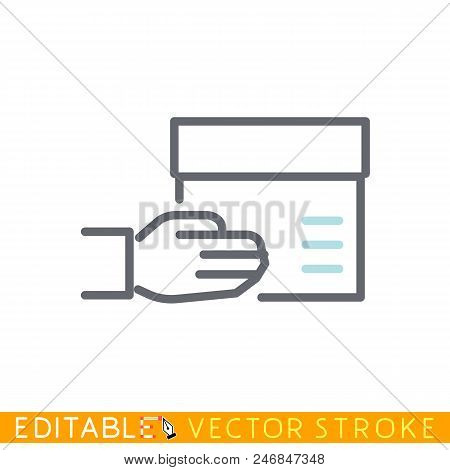 Delivery Concept. Hands Hold Carton Box. Editable Stroke Sketch Icon. Stock Vector Illustration.
