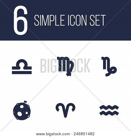 Set Of 6 Horoscope Icons Set. Collection Of Libra, Moon, Aries And Other Elements.