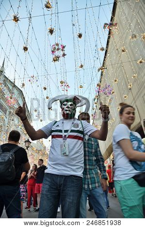 Moscow, Russia - June 23, 2018: Football Fan From Mexica On The Nikolskaya Street In Moscow. Fifa Wo