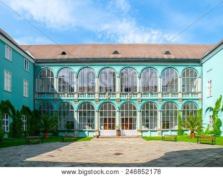 Courtyard With Glazed Windows Of Renaissance Chateau In Dacice, Czech Republic.
