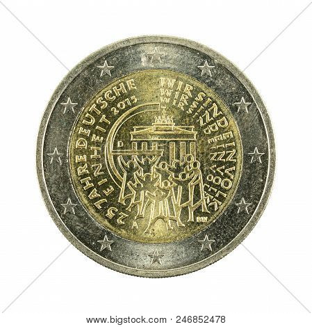 2 Euro Coin (2015) 25 Years German Reunification Isolated On White Background