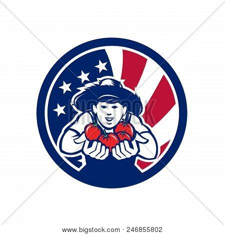 Icon Retro Style Illustration Of An American Organic Grown Produce Tomato Farmer  With United States
