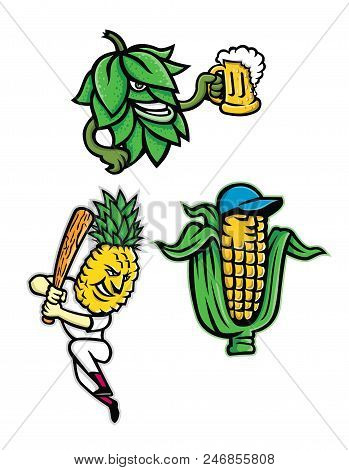 Mascot Icon Illustration Set Of Fruits And Vegetables Like A Beer Hops Drinking Mug Of Ale, A Maize 