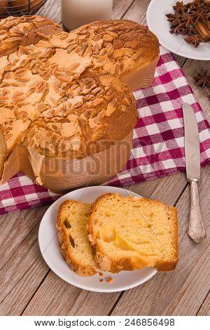 Easter Dove Bread (colomba Pasquale) On Wooden Table.