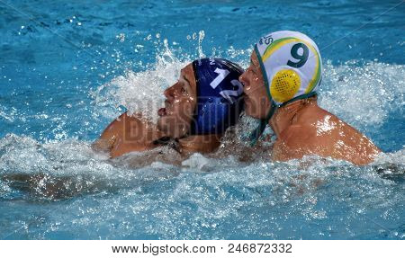 Budapest, Hungary - Jul 17, 2017. HARAI Balazs hungarian waterpolo player (in blue) fights with FORD Andrew (AUS). FINA Waterpolo World Championship was held in Alfred Hajos Swimming Centre.