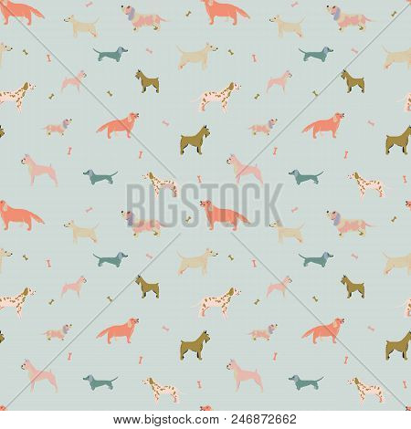 Seamless Pattern With Different Dog Breeds. Dachshund, Dalmatian, Bull Terrier, Staffordshire Terrie