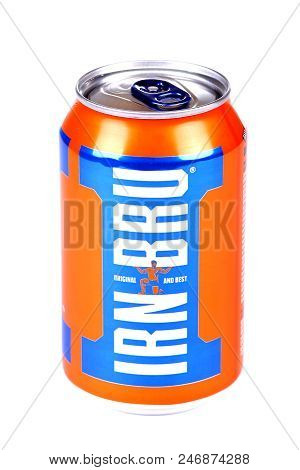 Novyy Urengoy, Russia - June 21, 2018: Aluminium Can Of The Irn Bru Isolated Over White Background.