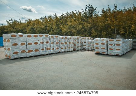 The Texture Of Mineral Wool For Insulating The Walls. Warehouse Of Products Ready For Import