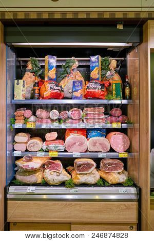 MILAN, ITALY - CIRCA NOVEMBER, 2017: food products for sale in Carrefour Express in Milan.
