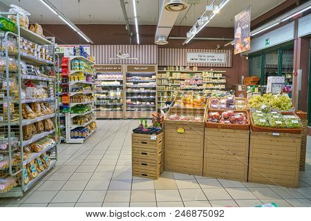 MILAN, ITALY - CIRCA NOVEMBER, 2017: interior shot of Carrefour Express in Milan