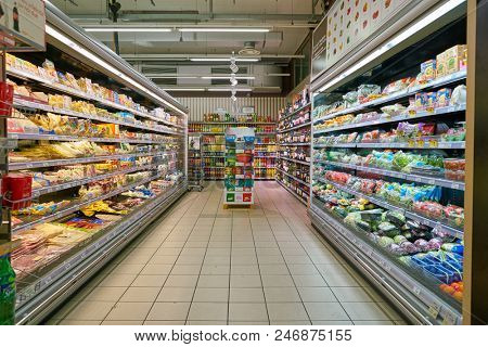 MILAN, ITALY - CIRCA NOVEMBER, 2017: interior shot of Carrefour Express in Milan